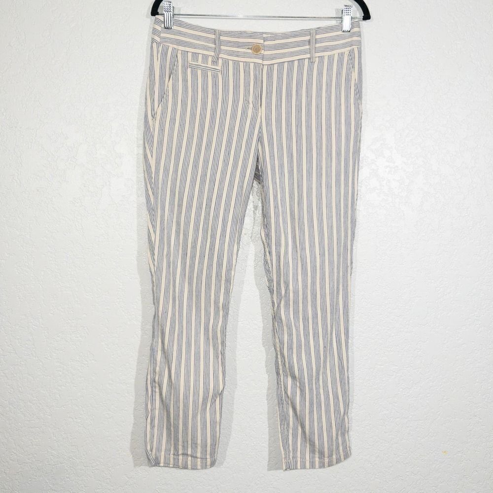 Loft Cream & Blue Stripe Marisa Linen Blend Crop‎ Pants Size 4